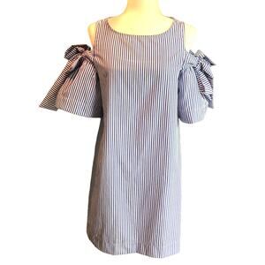 Rebellion Blue & White Striped Cold Shoulder Preppy Mini Dress